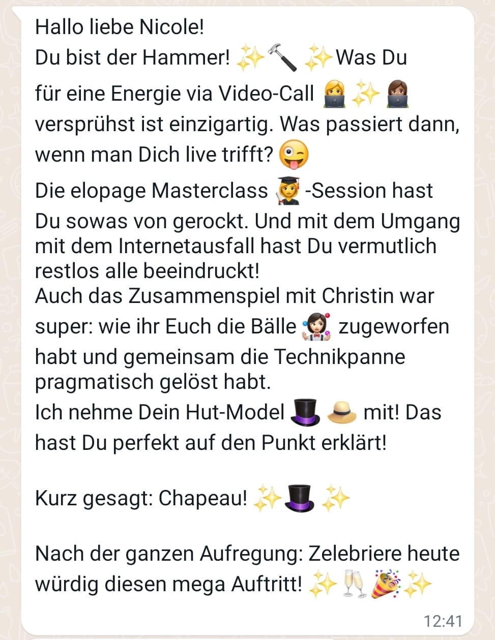 Nachricht: Feedback nach der elopage Masterclass-Session, Chapeau